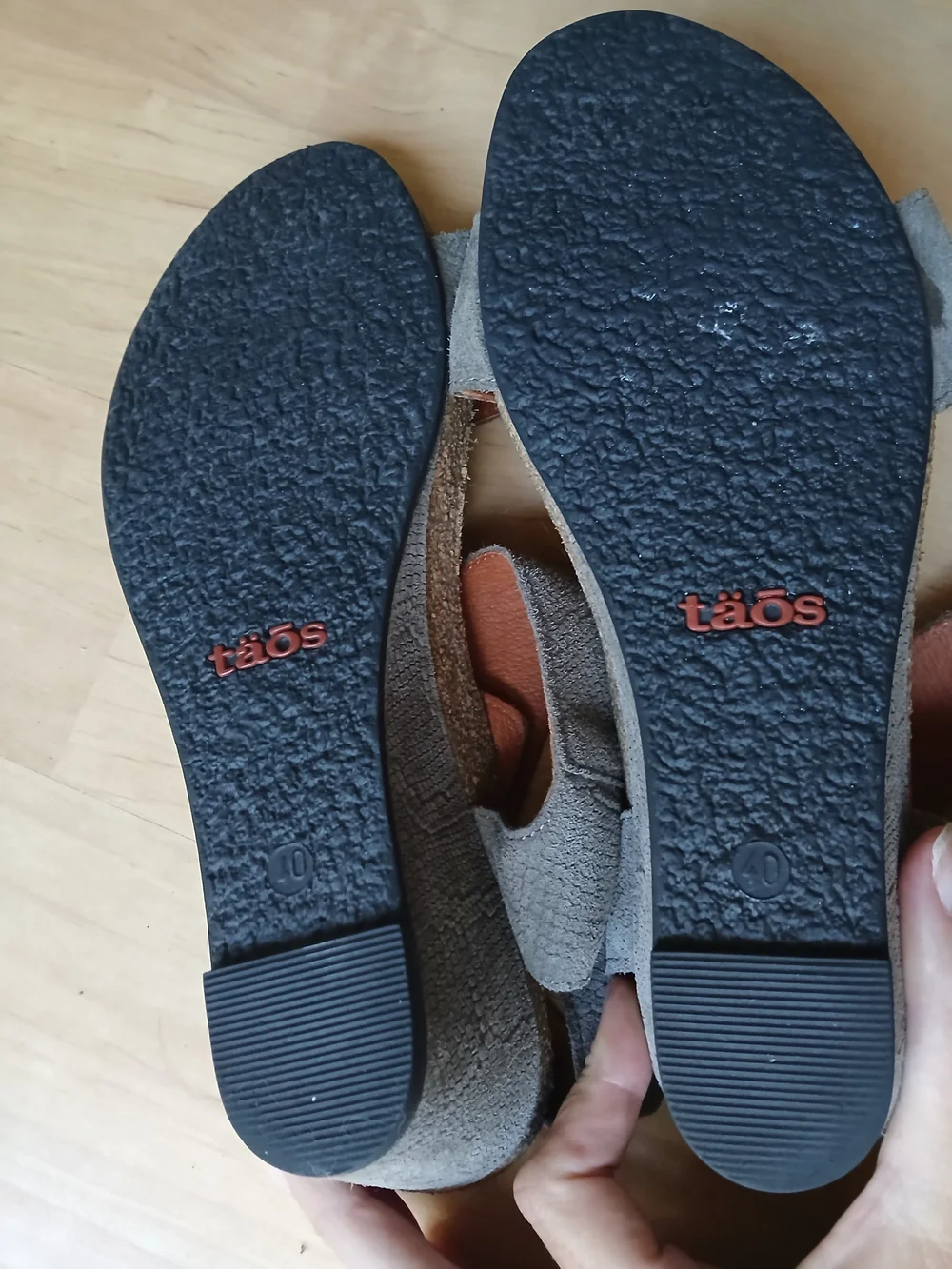 Taos Footwear Gray Suede Slide Sandals with Brass Accents 9-9.5